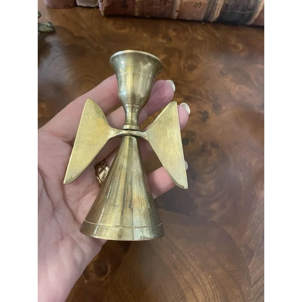 Vtg Solid Brass Angel Wing Candle Holder 4